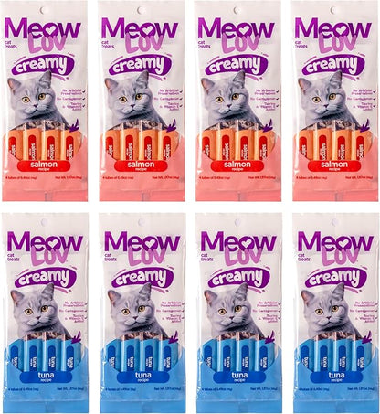 Ultra Chewy Meow Luv Salmon and Tuna Lickable Cat Treats - Delicious Squeezable Cat Treats - Carrageenan Free - No Artificial Preservatives - Irresistible Snack - 0.5 Ounce Tubes (Pack of 8)