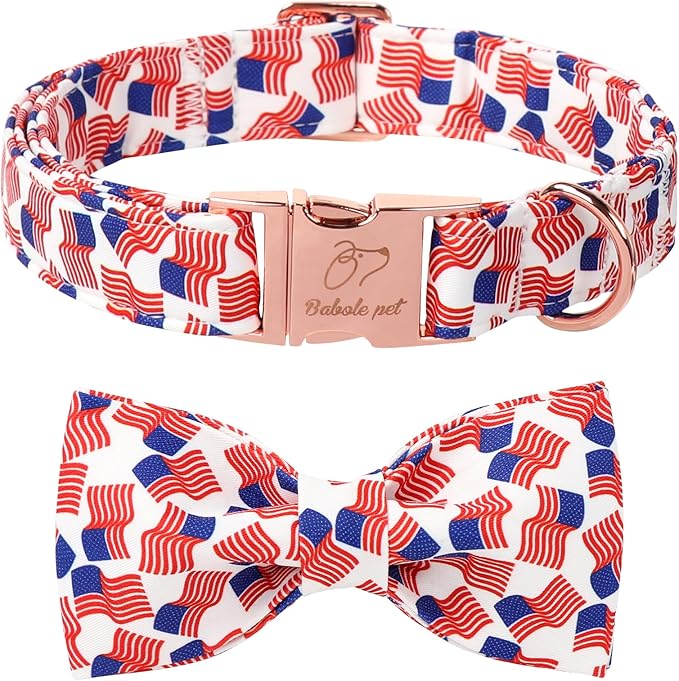 American Flag Dog Collar with Bow Tie - 4th of July US Flag Bowtie Collar Independence Day Safety Patriotic Dog Collars for Small Medium Large Dogs S