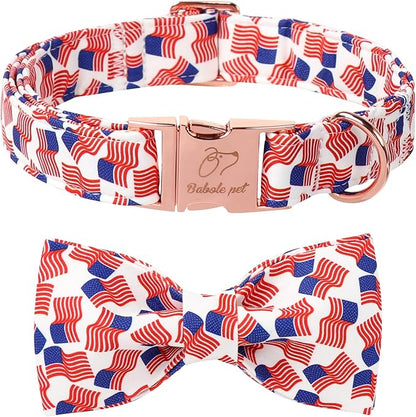 American Flag Dog Collar with Bow Tie - 4th of July US Flag Bowtie Collar Independence Day Safety Patriotic Dog Collars for Small Medium Large Dogs M
