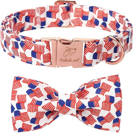 American Flag Dog Collar with Bow Tie - 4th of July US Flag Bowtie Collar Independence Day Safety Patriotic Dog Collars for Small Medium Large Dogs XL