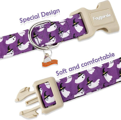 Faygarsle Halloween Dog Collar with Charm, Purple with Ghost Pattern, Adjustable Pet Collar for Small Medium Large Dogs,M