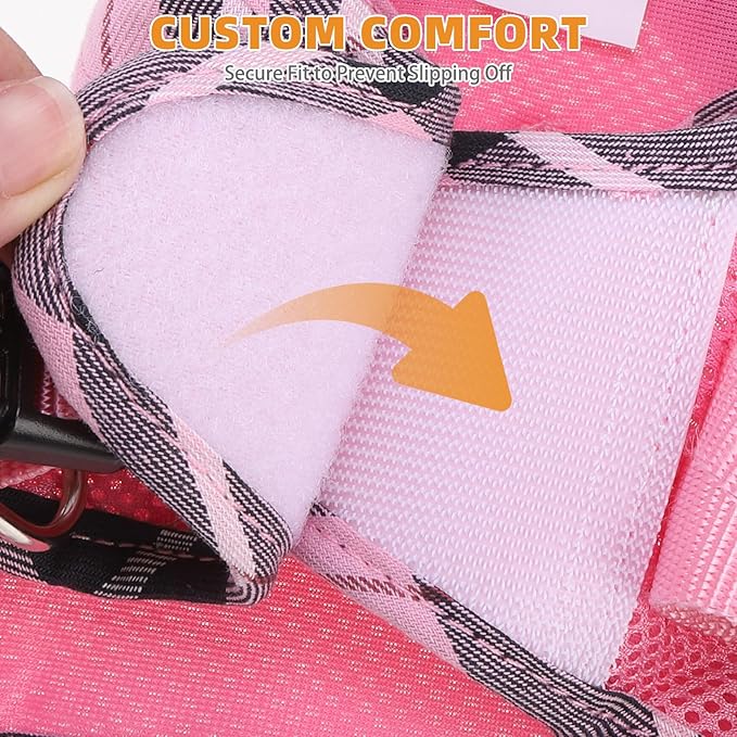KOOLTAIL Small Dog Harness and Leash Set, Step in No Pull Soft Mesh Padded Pet Vest Harness Collar for Small Size Dogs Cats Boy Girl, Breathable & Lightweight Plaid Puppy Harness, Pink S