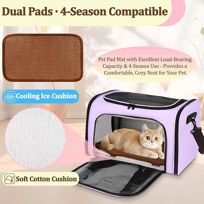 DSDCDJ Cat Carrier Dog Carrier - Soft-Sided Cat Carrier with Plush Pad & Cooling Mat, Easy-Load 4-Side Zipper & 3-Side Mesh Ventilation, Pet Carrier Airline Approved for Cats/Dogs Up to 20 lbs, Purple