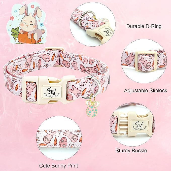 Elegant little tail Easter Dog Collar,Bunny Pattern Pet Collar Pink Durable Holiday Female or Male Adjustable Cotton Pet Collar with Quick Release Buckle for Small Dogs