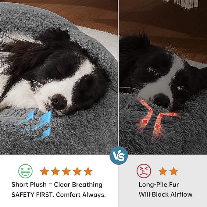 OhGeni 36 inches Calming Donut Orthopedic Dog & Cat Bed for Large Pets, Warming Comfort Fluffy Short Pile Fur, Durable Waterproof Machine Washable Removable Cover, Cute Round Bed for Puppy, Dark Gray