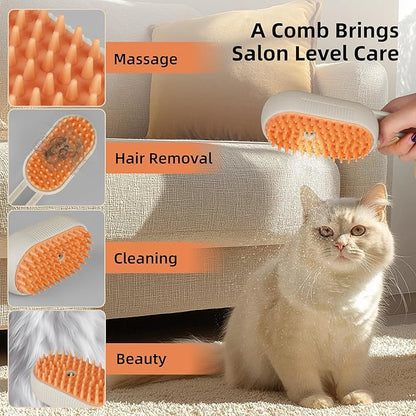 Cat Dog Hair Steam Brush: 4 in 1 Pet Grooming Tool Rechargeable Groomer Silicone Comb for Massage, Cleaning, Shedding and Combing, Anti-Static, 360° Portable Handle for Long or Short Hair Pet (Orange)