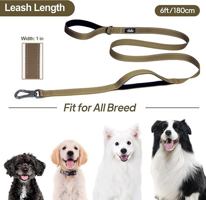 TwoEar 6FT 1IN Strong Brown Dog Leash with 2 Padded Handles, Traffic Handle Extra Control, Comfortable Soft Dual Handle, Auto Lock Hook, Reflective Walking Lead for Small Medium and Large Dogs
