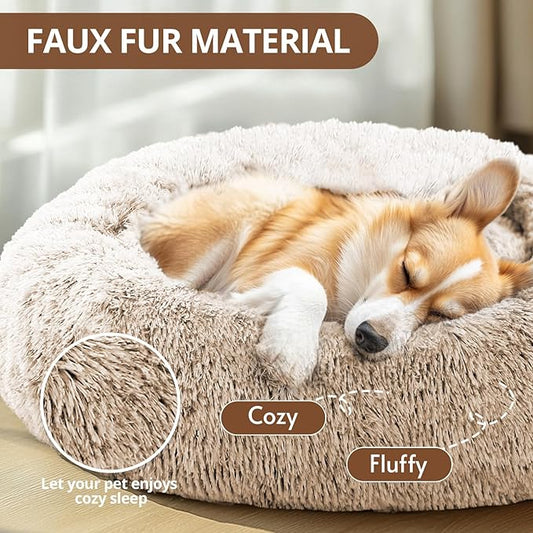 JOLLYVOGUE Calming Small Dog & Cat Bed for Indoor Cats - 20 inches Washable Donut Bed for Kittens & Puppies, Anti-Anxiety Round Fluffy Plush Pet Beds (Fits up to 15 lbs, Cream Brown)