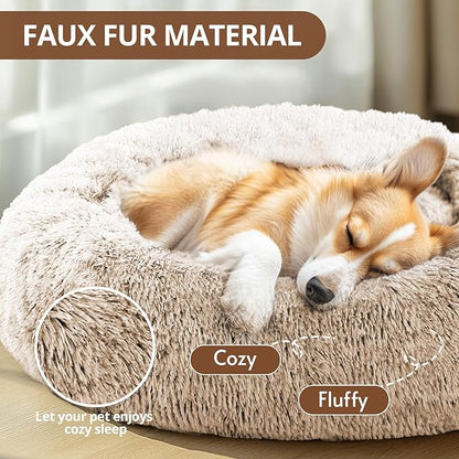 JOLLYVOGUE Calming Dog Bed Medium Size Dog, Anti-Anxiety Donut Medium Pet Bed, 27 inches Fluffy Faux Fur Round Cat Bed (Cream Brown)