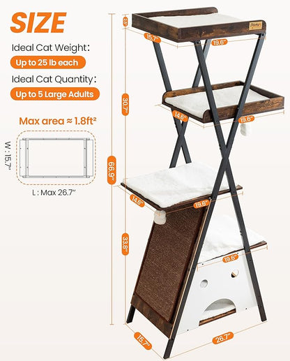 Modern Wood Cat Tree Tower for Indoor Cats Large Adult - 67 Inch Tall Multi-Level Heavy Duty Cat Condo Trees Furniture with Caves Perch Bed Scratching Board - XL Big Sturdy Wooden Kitty Climbing House