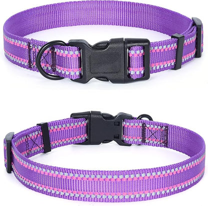 Mile High Life Reflective Dog Collar, Basic Dog Collars Adjustable Quick Release, Soft Nylon Pet Collar with Metal D-Ring for Small Medium Large Dogs (Purple, S Neck11-15")