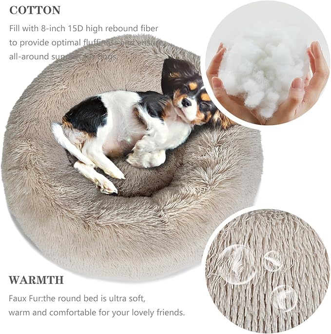 Calming Donut Dogs Beds for Small Dogs Washable,28inch Plush Round Pet Bed for Cozy Sleep,Fluffy Faux Fur Large Cat Bed,Fits up to 30 lbs Pets,Beige