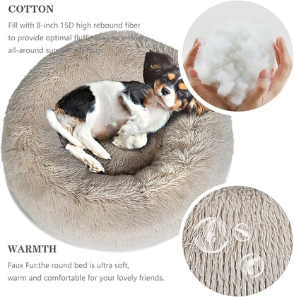 Calming Donut Dogs Beds for Small Dogs Washable,28inch Plush Round Pet Bed for Cozy Sleep,Fluffy Faux Fur Large Cat Bed,Fits up to 30 lbs Pets,Beige