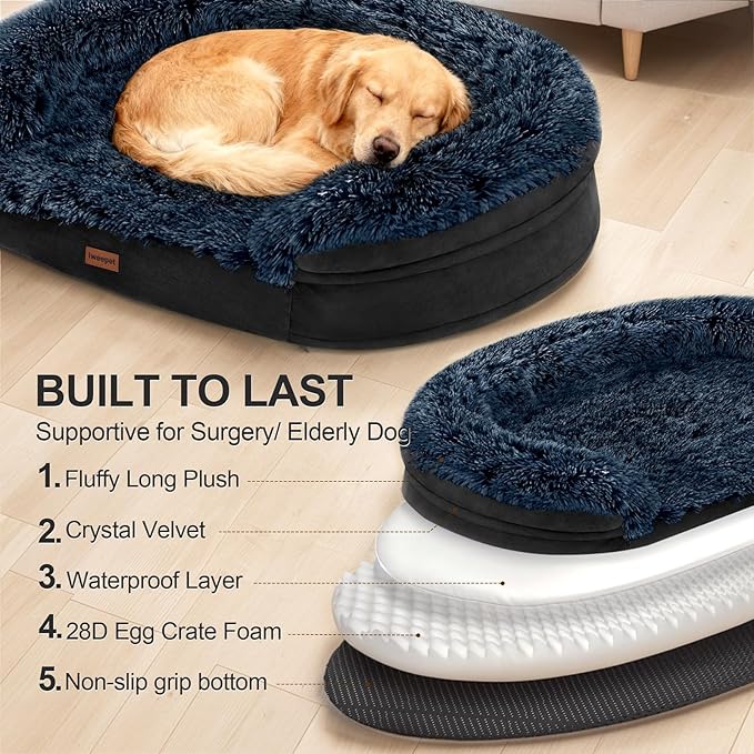 iweepet Black Dog Beds for Large Dog, 41" x 32.6" x 7.7", Removable and Washable Cover, Raised Reboundable Edges, Non Slip Bottom, Warm Plush, Orthopedic Oval Memory Foam Pet Bedding, Indoor