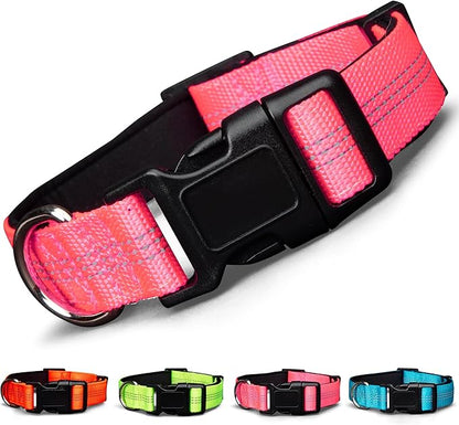 BLAZIN Reflective Dog Collar - Vibrant Color for Day and Night - Soft Neoprene Padded Collar - Adjustable Sizing -'Color Me Happy!' Dog Collars - Brighter Means Safer - (Medium, Pink)