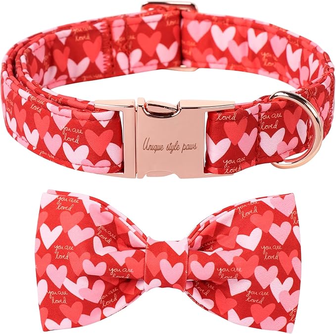 Unique Style Paws Valentine's Dog Collar with Bow Love Heart Cotton Puppy Collars Wedding for Small Medium Large Dogs