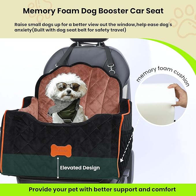 koneboss Dog Car Seat for Small Dogs Under 30lbs, Detachable Washable Pet Booster Seat with Safety Belt & Storage Pockets, Travel Car Bed, Black/Brown