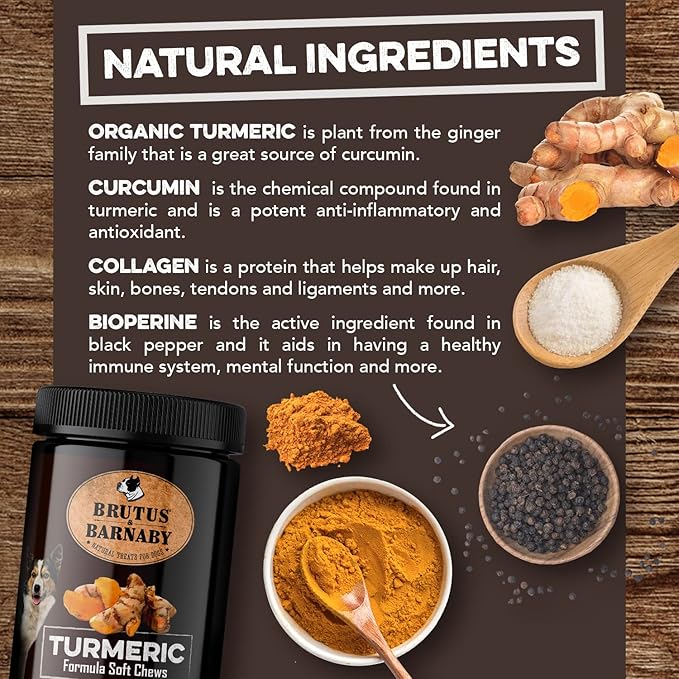 BRUTUS & BARNABY Turmeric for Dogs Anti Inflammatory Pain Relief - Curcumin for Dogs Chews with Collagen & Bioprene - Turmeric Supplement for Dogs Hips, Joint & Mobility Support (120 Count)