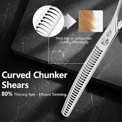 Stjuo Professional Dog Grooming Scissors, Japanese 440C Stainless Steel, 62 HRC Hardness (Curved Chunker, 7'')