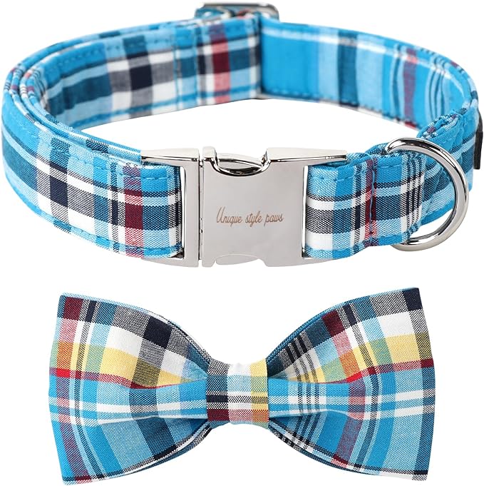 Unique style paws Plaid Dog Collar with Bow Pet Gift Adjustable Soft and Comfy Bowtie Collars for Small Medium Large Dogs (XS)