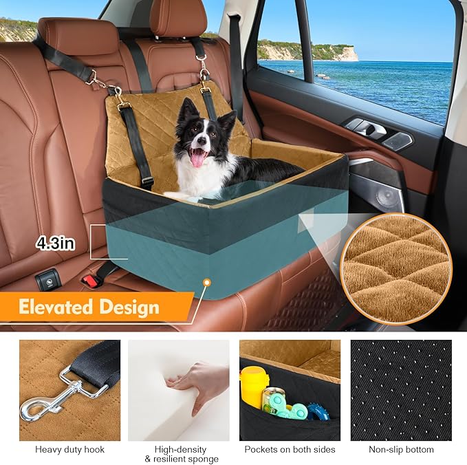 NEEZUKAR Dog Car Seat for Large Medium Dogs,Washable Pet Car Seat Under 55 lbs or 2 Small Dogs,Dog Booster Seat with Thick Cushion,2 Safety Leashes Travel Car Dog Bed