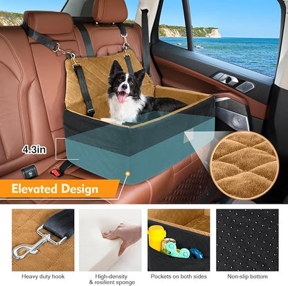 NEEZUKAR Dog Car Seat for Large Medium Dogs,Washable Pet Car Seat Under 55 lbs or 2 Small Dogs,Dog Booster Seat with Thick Cushion,2 Safety Leashes Travel Car Dog Bed