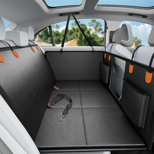 Dog Car Seat Cover for Back Seat with Hard Bottom, PU Leather Back Seat Extender for Dogs,Dog Hammock Bed for Cars, SUVs, Pet Seat Cover for Back Seat Holds 400lbs with Mesh Window & Pocket