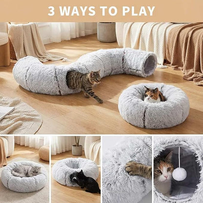 Large Donut Cat Tunnel Bed - Soft Plush Cat Cave & Peekaboo Hiding Spot, 3-in-1 Indoor Cat Playground Toy for Kittens/Adult Cats, Festive Christmas Pet Gift