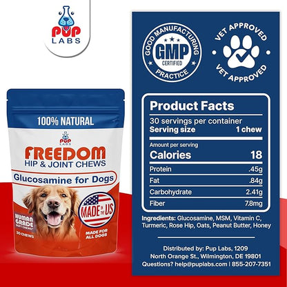 Pup Labs Freedom Joint Chews, Dog Glucosamine Packed with Super Nutrients, Delicious Hip and Joint Chews for Dogs, Pain Relief for Dog Joints to Keep Your Pup Happy and Active, Made in USA, 30 Chews