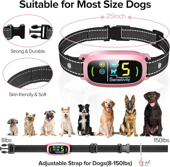FAFAFROG Dog Bark Collar, Rechargeable Smart Collar, Anti Barking Training Collar with 5 Adjustable Sensitivity Beep Vibration, Bark Collar for Large Medium Small Dogs (Pink)