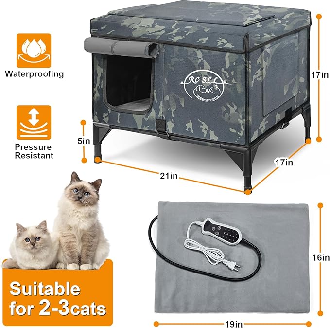 Large Heated Cat House for Outside 21x17x17 in, 100% Waterproof Elevated Base, Insulated Outdoor Cat Shelter with Heater for Feral Barn Cat, Safe Two-Way Escape Door