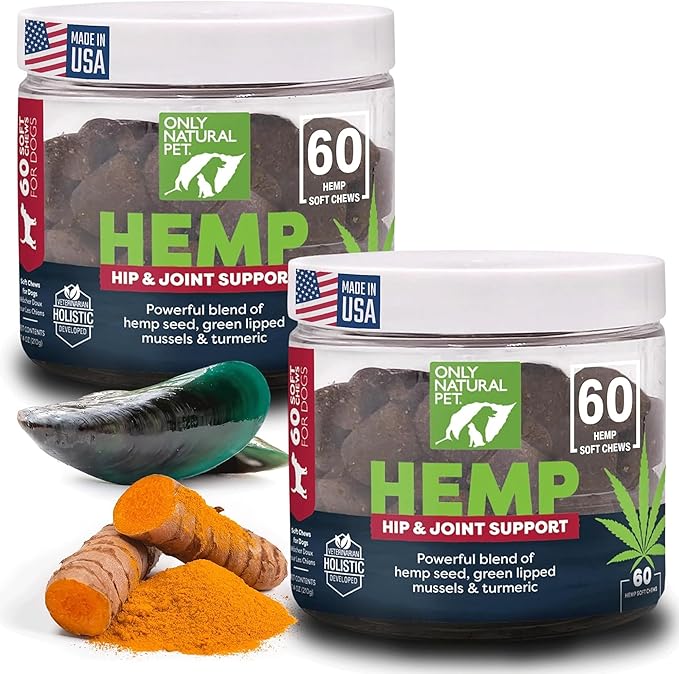 Only Natural Pet Hemp Hip & Joint Support for Dogs - Supplement for Mobility Wellness Pain Relief Healthy Inflammatory & Bone Stiffness - Chews w/Fatty Acid Blend Mussels & Turmeric - 60-Ct (2-Packs)