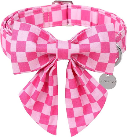 Dog Collar with Bow Tie,UP URARA PUP Pink Plaid Bowtie Dog Collar, Summer Bowtie Collar for Puppy Boy Girl Dog, Comfortable Cotton Dog Collar with Metal Buckle,XS