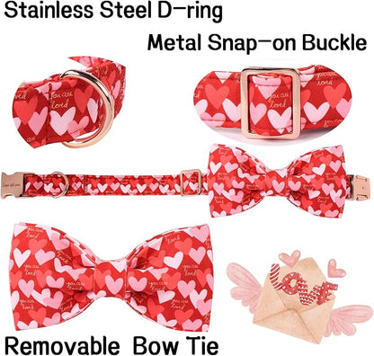Unique Style Paws Valentine's Dog Collar with Bow Love Heart Cotton Puppy Collars Wedding for Small Medium Large Dogs