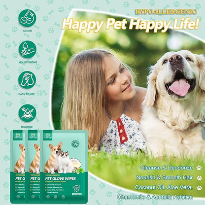 CHPPEY 20 PCS Pet Cleaning and Deodorizing Bathing Grooming Glove Wipes for Dogs and Cats, Extra Thick Nourish Fur No-Rinse Grooming Wipes for Daily Care and Travel, Hypoallergenic