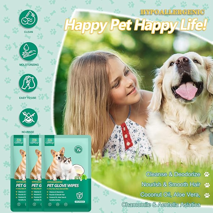 CHPPEY 10 PCS Pet Cleaning and Deodorizing Bathing Grooming Glove Wipes for Dogs and Cats, Extra Thick Nourish Fur No-Rinse Grooming Wipes for Daily Care and Travel, Hypoallergenic