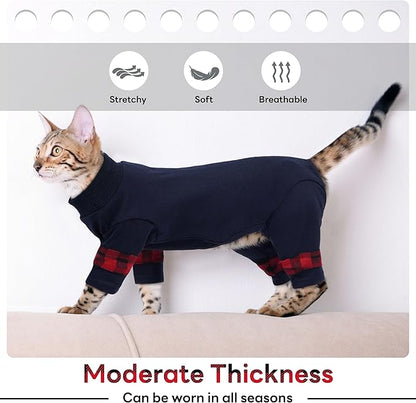PUMYPOREITY Cat Pajamas, Stretchy 4-Leg Design with Back Buckles for Easy On/Off, Soft Cat Recovery Suit Reduce Wound Licking After Surgery, Kitten Onesie - Machine Washable, XS, Blue