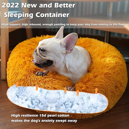 Calming Donut Dogs Beds for Small Dogs Washable,23inch Plush Round Pet Bed for Cozy Sleep,Fluffy Faux Fur Large Cat Bed,Fits up to 25 lbs Pets,Orange