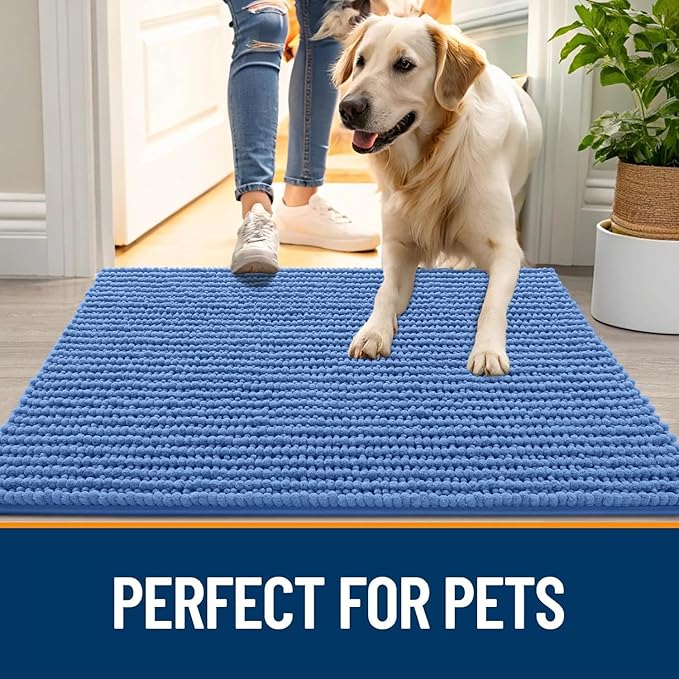 OLANLY Dog Door Mat for Muddy Paws 24x16, Ultra Absorbent Chenille Mud Doormat, Non-Slip Washable and Dirt Trapping Doormat for Indoor Entryway, Quick-Dry Indoor Pet Bed Mats for Dogs, Cornflower Blue