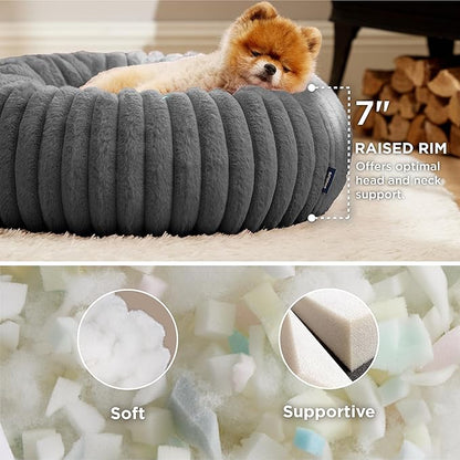 Bedsure ComfyFleece Donut Small Dog Bed - Dog Beds for Small Dogs with Corduroy Fleece & Anti Slip Bottom, Round Faux Fur Pet Beds with Washable Removable Cover, Warm Grey, 23x23x7 inches