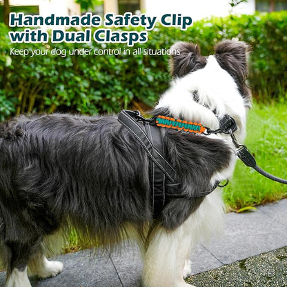 PetBonus Dog Collar Safety Clip, Handmade Backup Safety Strap for Dog Harness, Prong, Pinch Collar, Double Ended Clasp Leash Connector (Turquoise, Orange)