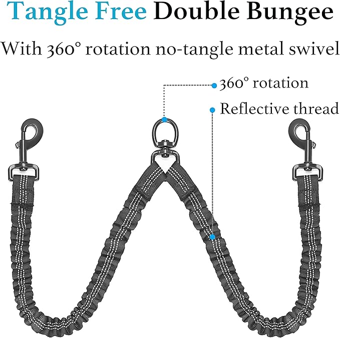 iYoShop Dual Dog Leash - 360° Swivel, No Tangle Walking Leash with Shock Absorbing Bungee for Two Dogs (Large, 25-150 lbs, Black)