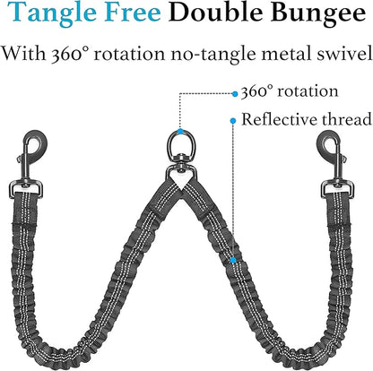 iYoShop Dual Dog Leash - 360° Swivel, No Tangle Walking Leash with Shock Absorbing Bungee for Two Dogs (Large, 25-150 lbs, Black)