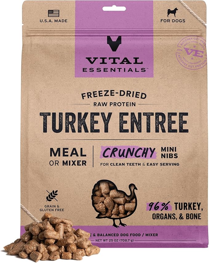 Vital Essentials Freeze-Dried Raw Dog Food, Turkey Crunchy Mini Nibs | Complete Meal or Mixer | High Protein Dog Food | 25 oz