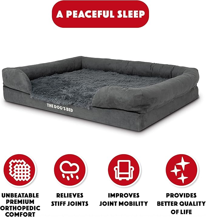 The Dog’s Bed, XL Grey Fur,Memory Foam, Pain Relief: Arthritis, Hip & Elbow Dysplasia, Post Surgery, Lameness, Supportive, Calming, Waterproof Washable Cover, Veterinary Approved