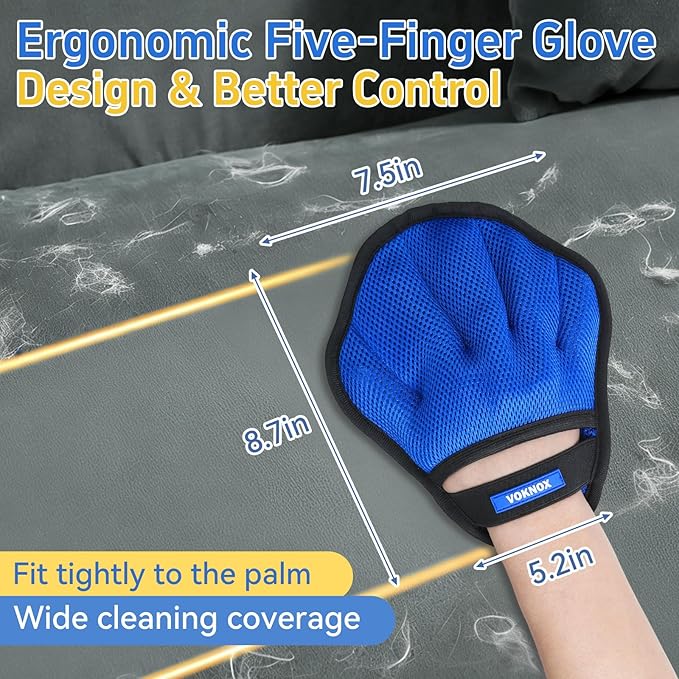 VOKNOX Pet Hair Removal Glove for Dogs & Cats, Electrostatic Five-Finger Hair Remover for Furniture, Couch, Carpet & Car Seat, Reusable Washable Pet Fur Cleaning Tool, Not for Grooming (1 PCS)