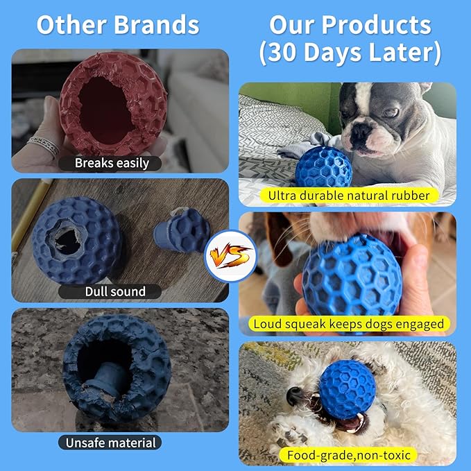 Durable Indestructible Squeaky Dog Ball for Aggressive Heavy Chewers, Unbreakable Tough Natural Rubber Dog Toy, Bouncy Interactive Ball for Medium & Large Dogs, Safe for Teeth & Gums (Blue)