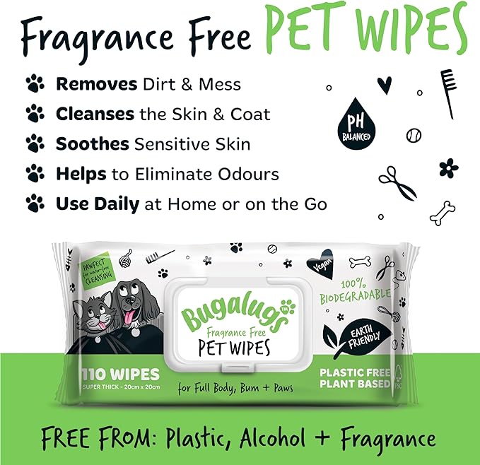BUGALUGS Dog Wipes, 100% Plastic Free Biodegradable pet Wipes for Full Body, Eye Wipes, Ear Wipes, Bum & Paws. 110 Sensitive Dog Grooming Wipes for Dogs, Puppy & cat Grooming (Fragrance Free)