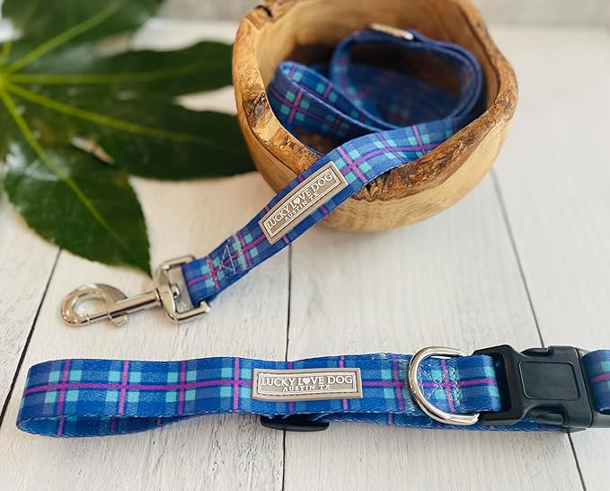 Lucky Love Dog Blue and Violet Plaid Dog Leash - Comfy & Soft & Cute for Boy and Girl Dogs - Small, Scotty