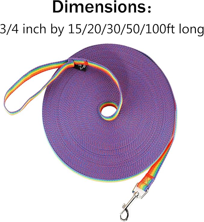 Hi Kiss Dog/Puppy Obedience Recall Training Agility Lead - 15ft 20ft 30ft 50ft 100ft Leash - Great for Training, Play, Camping, or Backyard (20 Feet, Rainbow)